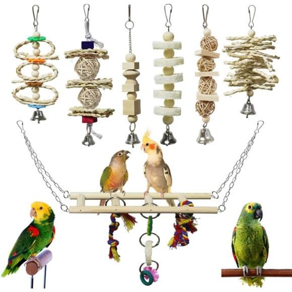 7 Packs Bird Parrot Toys Natural Wood Chewing Toy Bird Cage Toys Hanging Swing - Picture 1 of 8